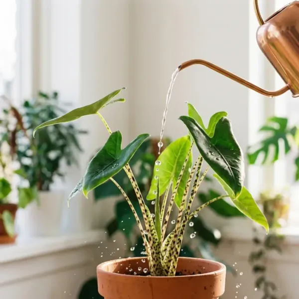 Arrosoir en cuivre versant de l'eau sur une Alocasia dans un pot en terre cuite