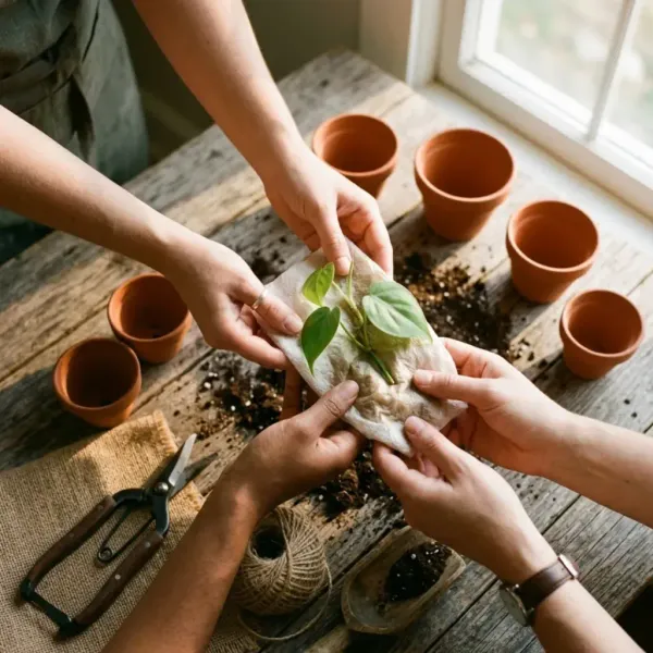 Mains échangeant une bouture de Philodendron au-dessus d'une table avec des pots en terre cuite