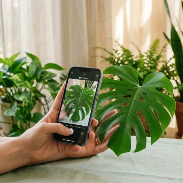Main tenant un smartphone photographiant une feuille de Monstera deliciosa pour l'identifier