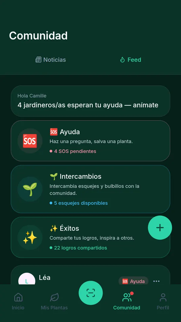 Pestaña Comunidad de SPRAIA: sección de Ayuda con 4 SOS pendientes, intercambios de esquejes y logros compartidos