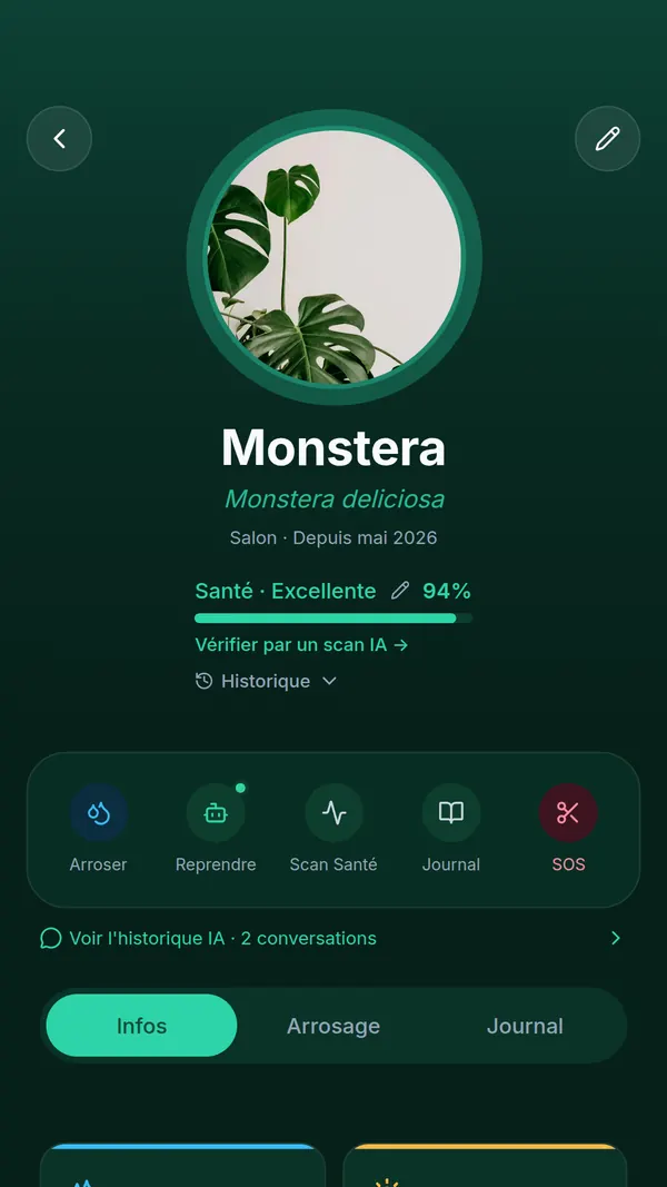 Fiche plante d'une Monstera deliciosa dans SPRAIA : santé 94 %, boutons Arroser, Scan Santé, Journal et SOS