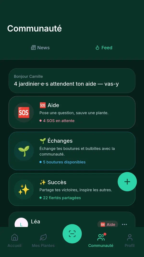 Onglet Communauté de SPRAIA : rubriques Aide avec 4 SOS en attente, Échanges de boutures et Succès partagés