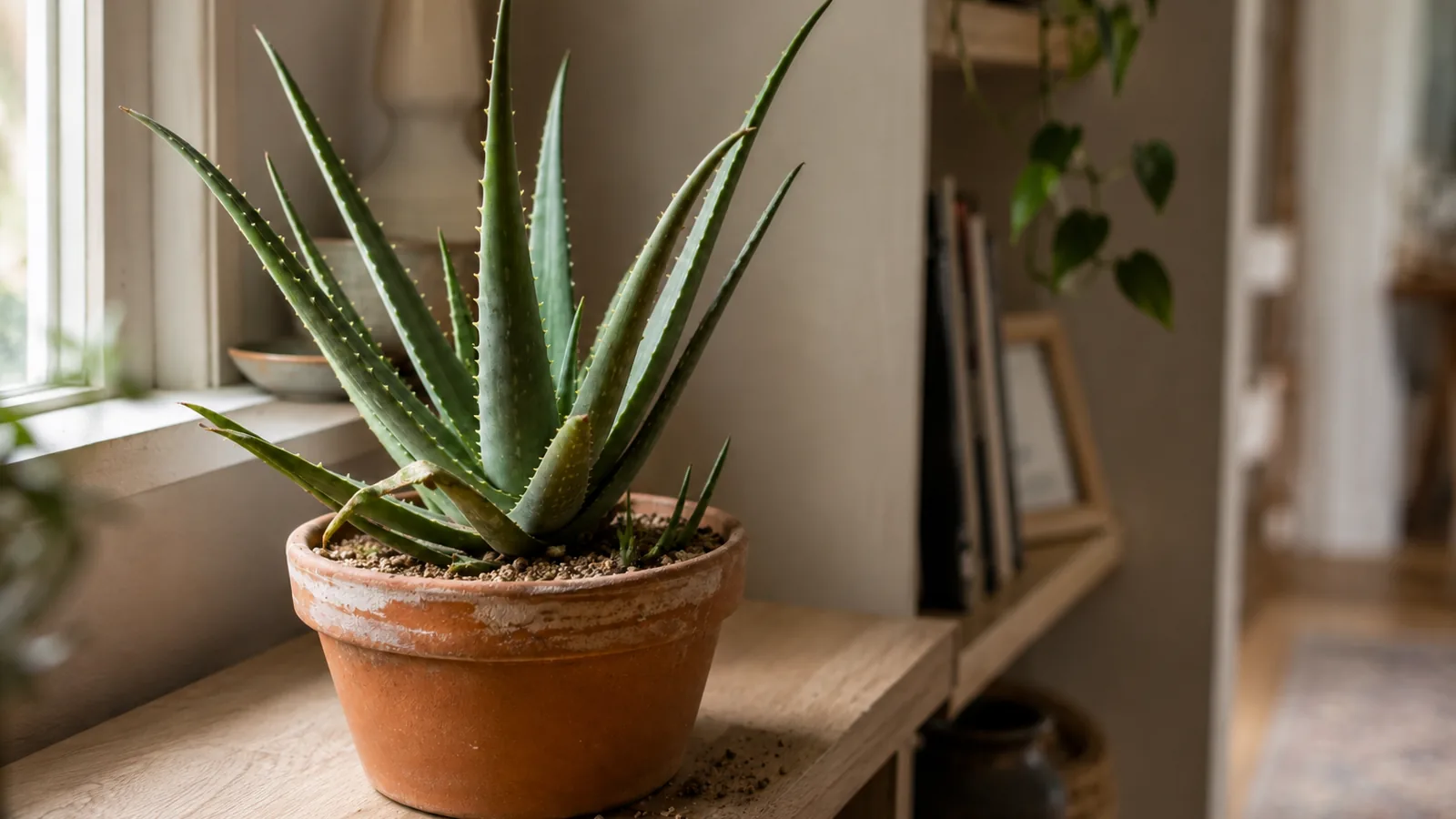 Aloe vera aux feuilles charnues et dentelées dans un pot en terre cuite devant une fenêtre lumineuse
