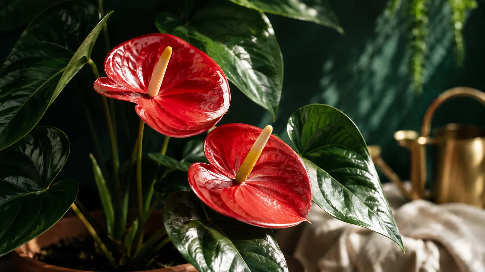 Anthurium andraeanum aux spathes rouges brillantes et au feuillage vert vif