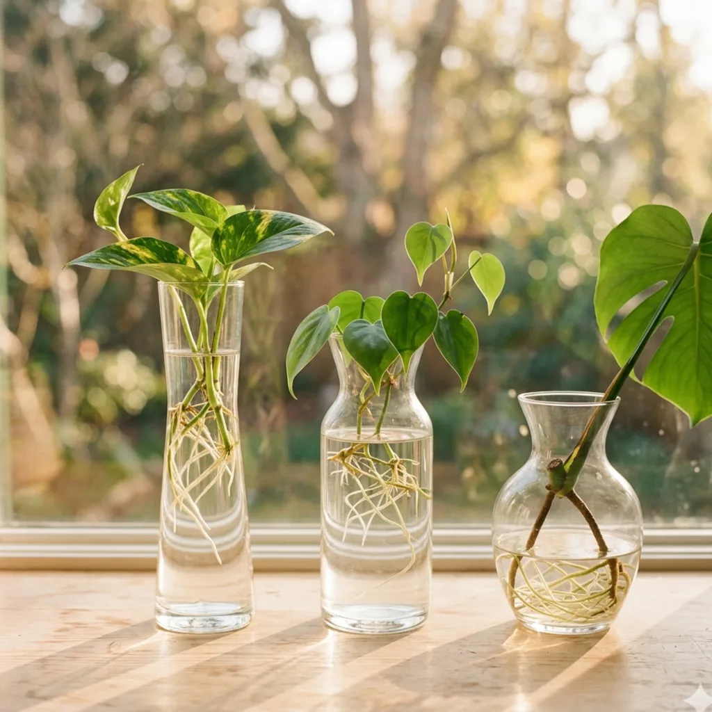 Boutures de Pothos et Philodendron dans des vases en verre avec racines visibles