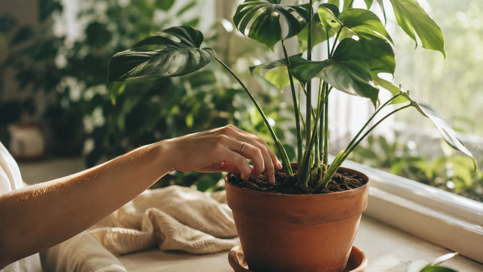 Main attentive vérifiant l'humidité du substrat d'une plante d'intérieur près d'une fenêtre lumineuse