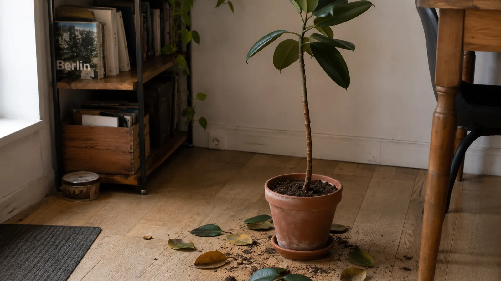 Feuilles tombées au pied d'une plante d'intérieur