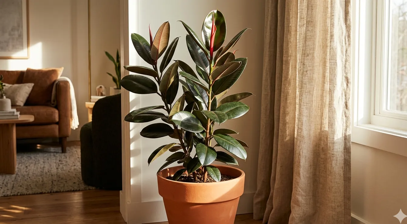 Ficus Elastica Burgundy aux feuilles épaisses vert foncé brillantes