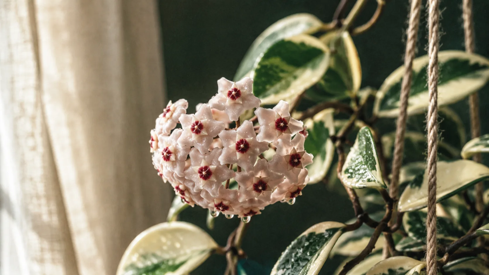Hoya carnosa aux feuilles cireuses portant une ombelle de fleurs roses étoilées