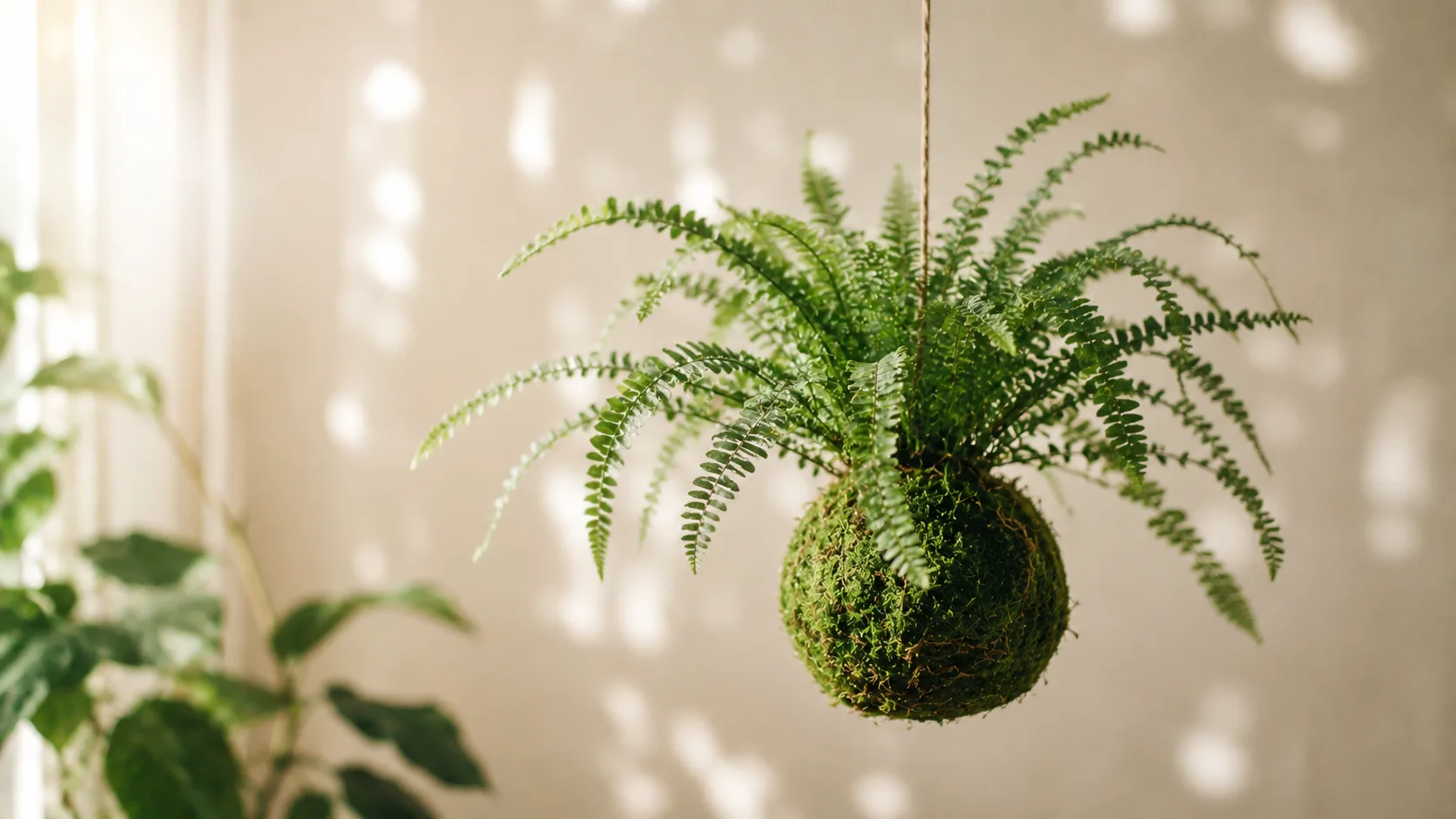 Kokedama suspendu avec une fougère verte enracinée dans une boule de mousse