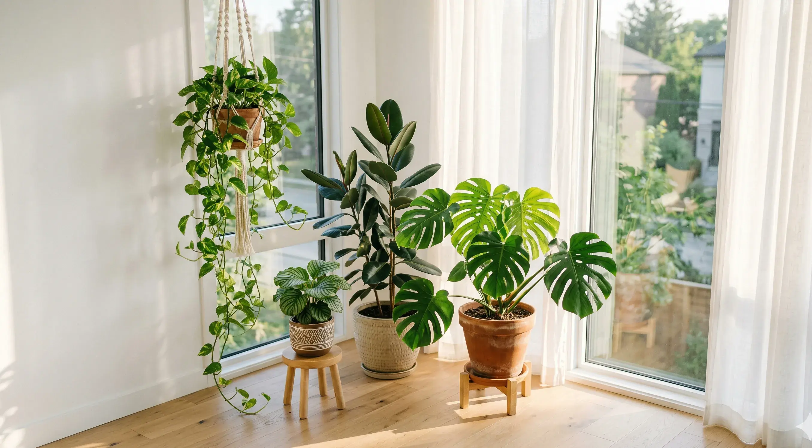 Plantes d'intérieur baignées de lumière naturelle près d'une grande fenêtre