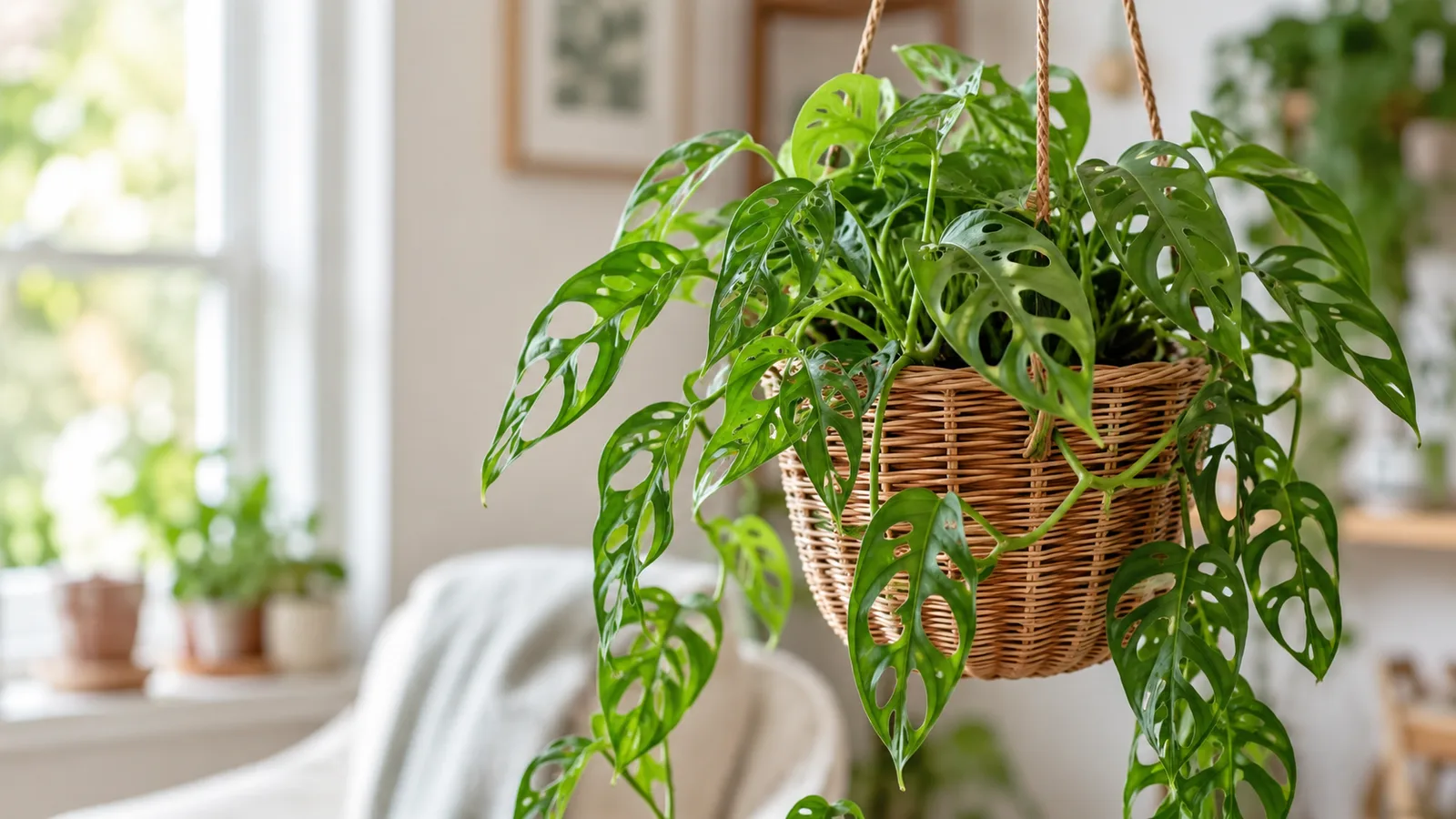 Monstera adansonii en suspension avec ses feuilles ajourées de trous ovales