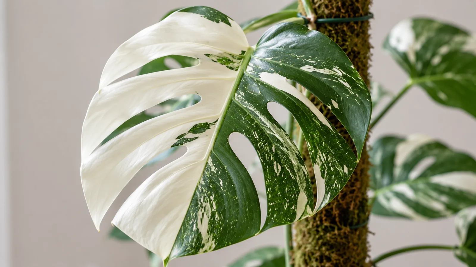 Feuille de Monstera Albo Variegata avec de larges secteurs blancs nets