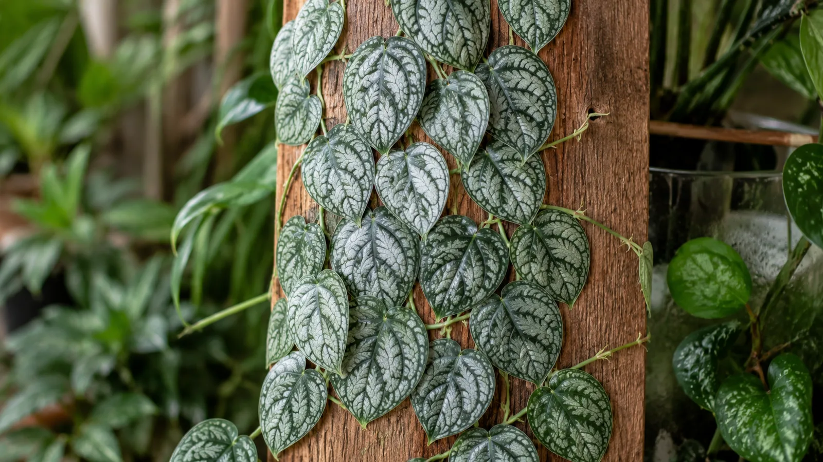 Monstera dubia plaquant ses feuilles juvéniles en bardeaux contre un support plat