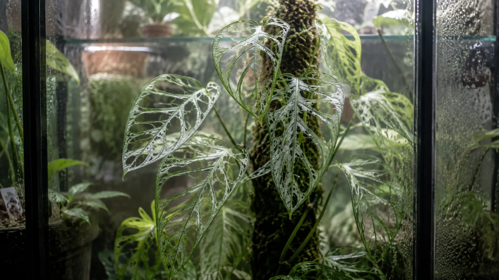 Feuille de Monstera obliqua si ajourée qu'elle est presque plus trous que limbe