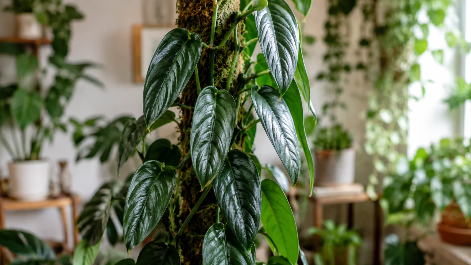 Monstera standleyana aux feuilles allongées vert foncé brillantes