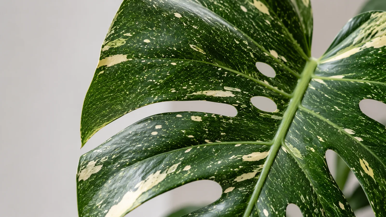Feuille de Monstera Thai Constellation mouchetée de panachures crème en constellation