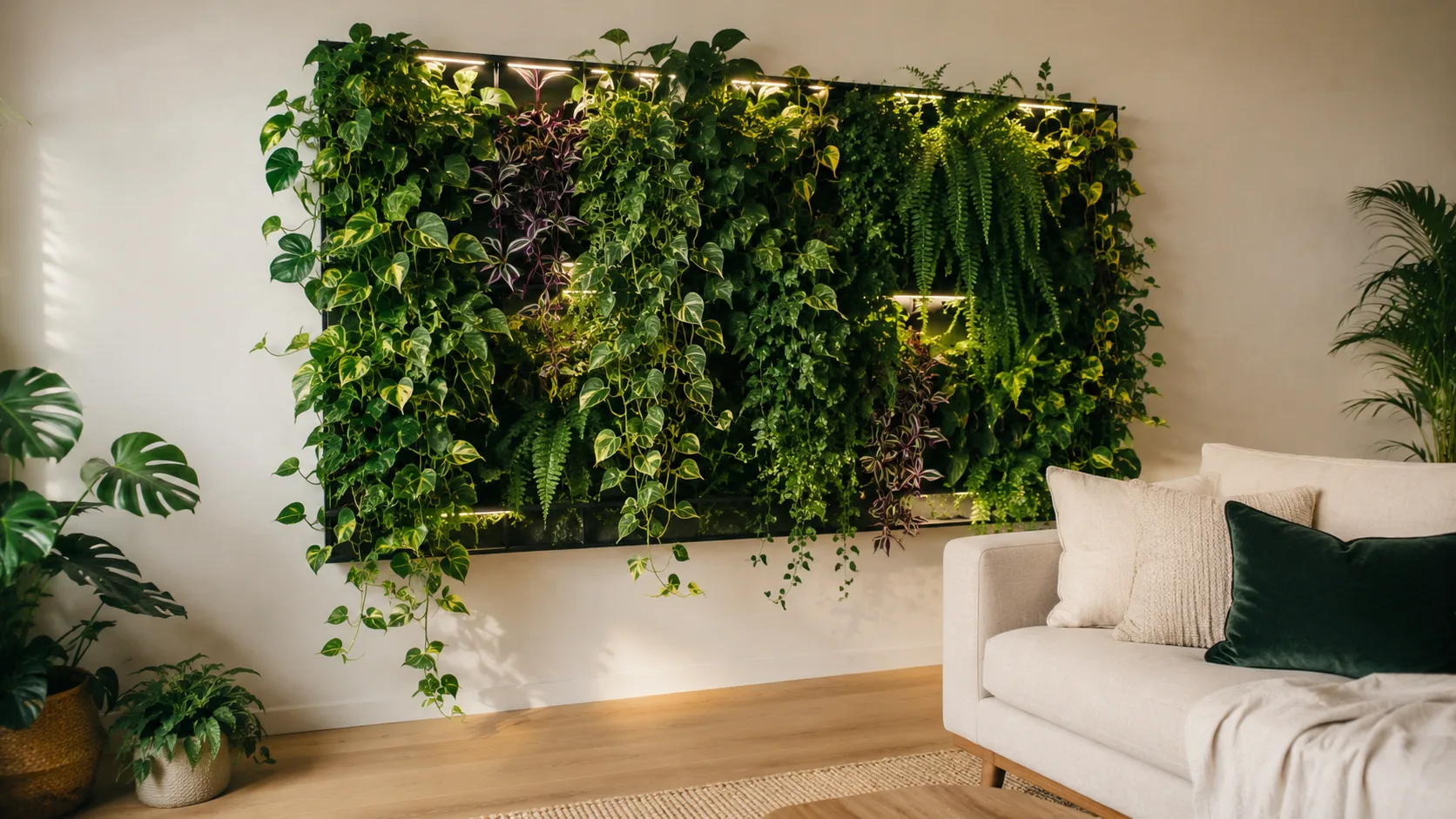 Mur végétal d'intérieur luxuriant avec pothos et fougères dans un salon contemporain