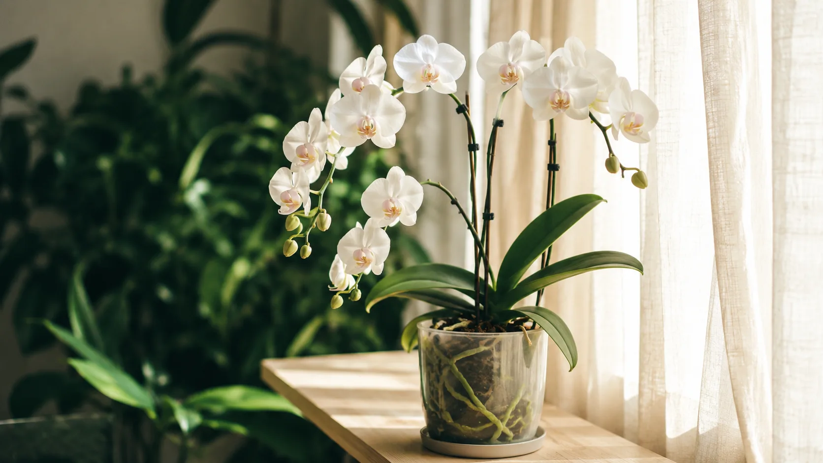 Orchidée Phalaenopsis blanche en pleine floraison près d'une fenêtre lumineuse