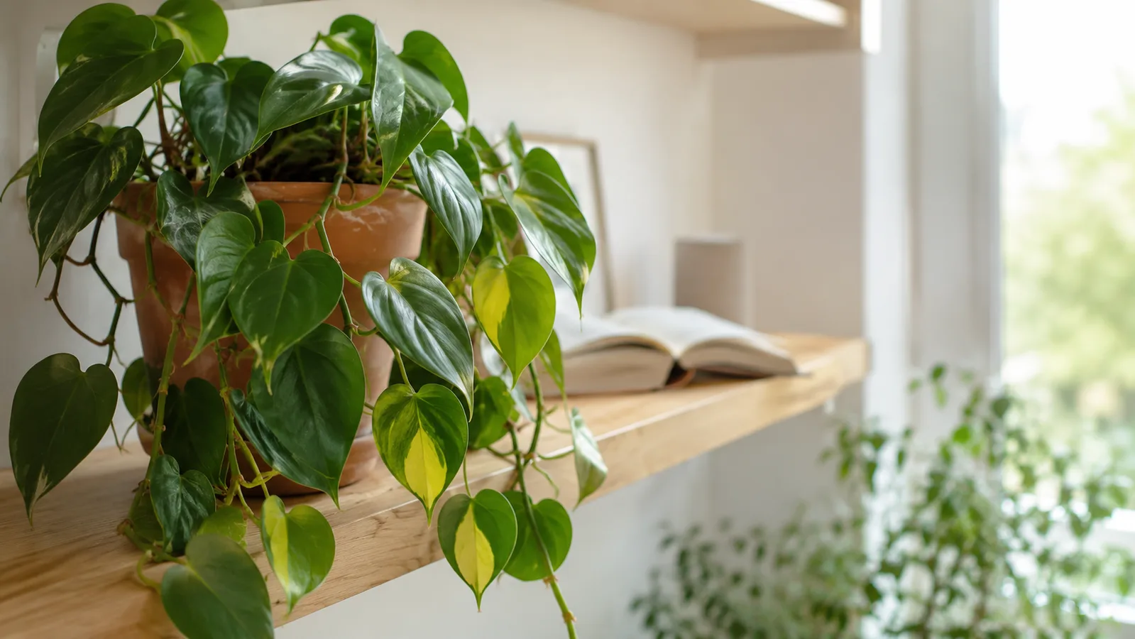 Philodendron scandens aux longues lianes vert brillant cascade depuis une étagère