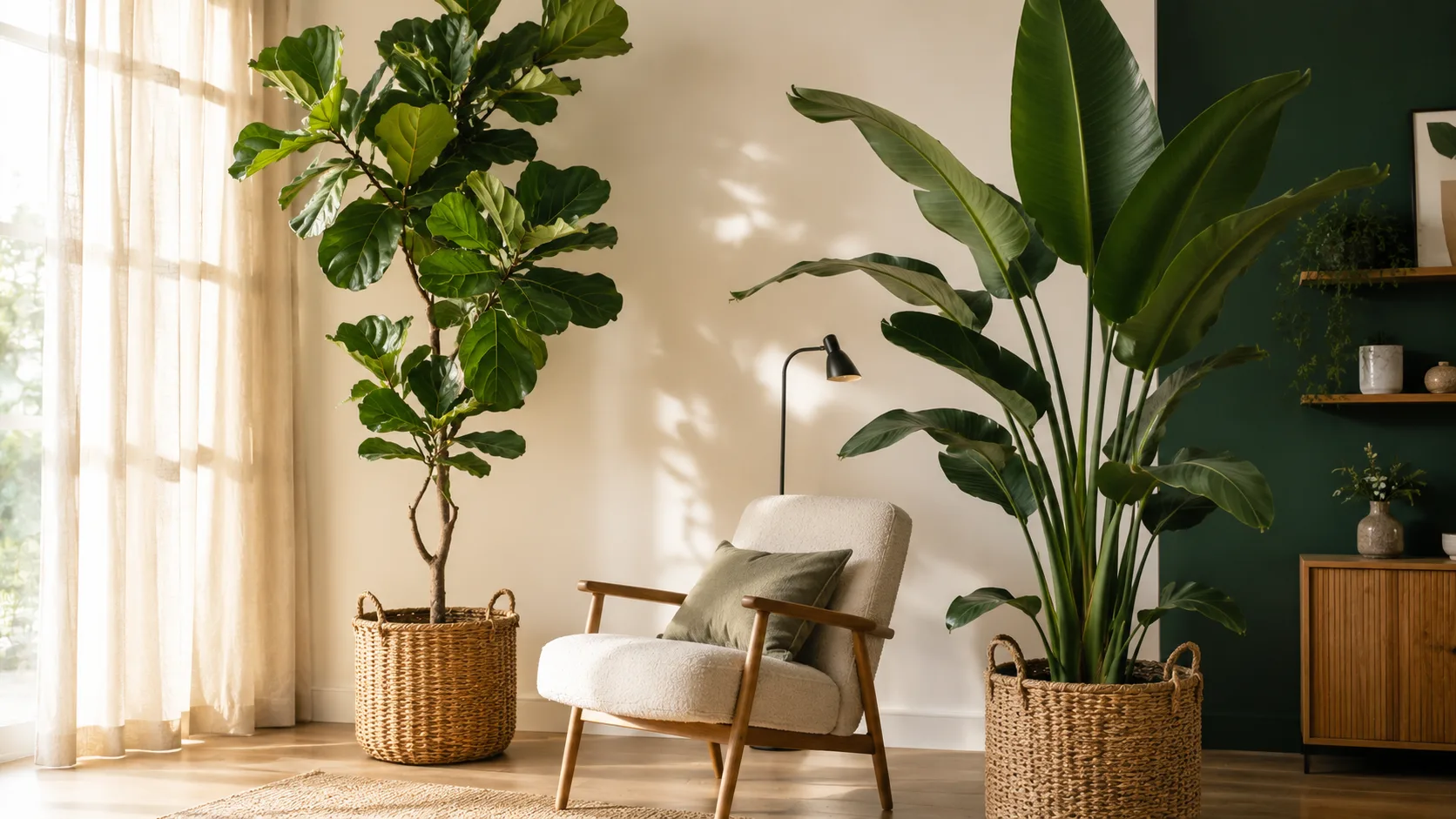 Grand Ficus lyrata et Strelitzia nicolai dans un salon lumineux scandinave