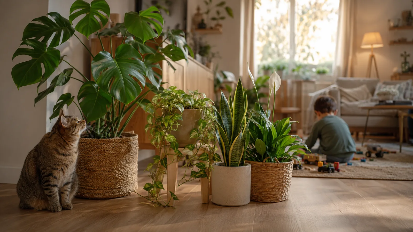 Salon avec plantes d'intérieur, chat curieux et enfant en arrière-plan, ambiance familiale