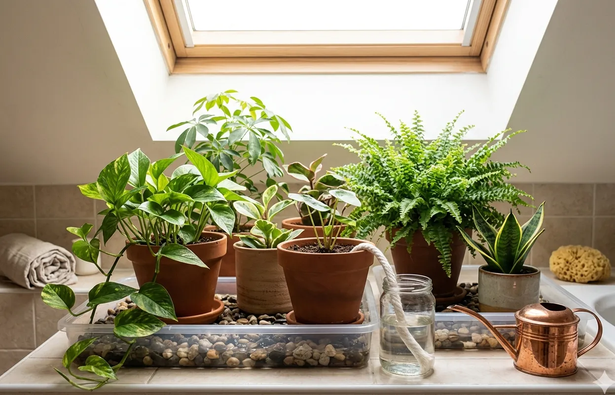 Plantes d'intérieur regroupées dans une salle de bain lumineuse avant un départ en vacances