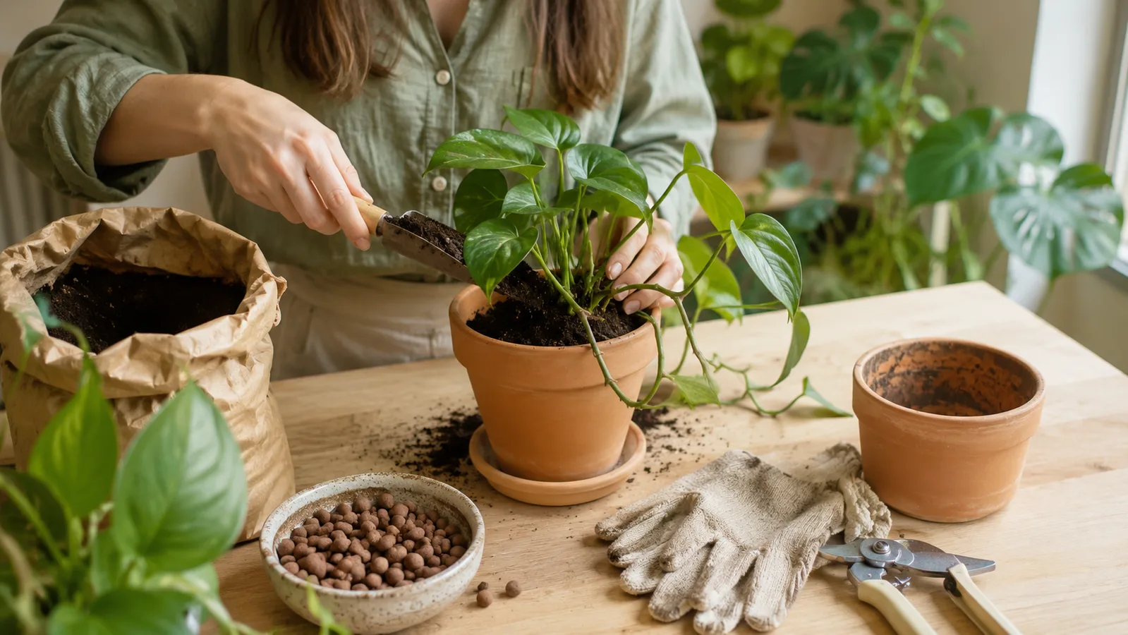 Rempotage d'une plante d'intérieur, mains versant du terreau dans un pot en terre cuite