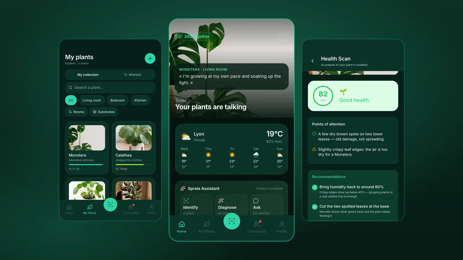 Three screens of the SPRAIA app for Android: the home screen with local weather, the plant collection and the health scan