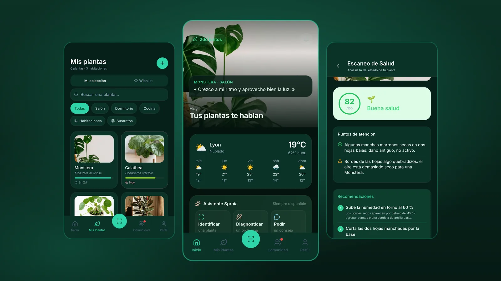 Tres pantallas de la aplicación SPRAIA para Android: la pantalla de inicio con el tiempo, la colección de plantas y el escaneo de salud