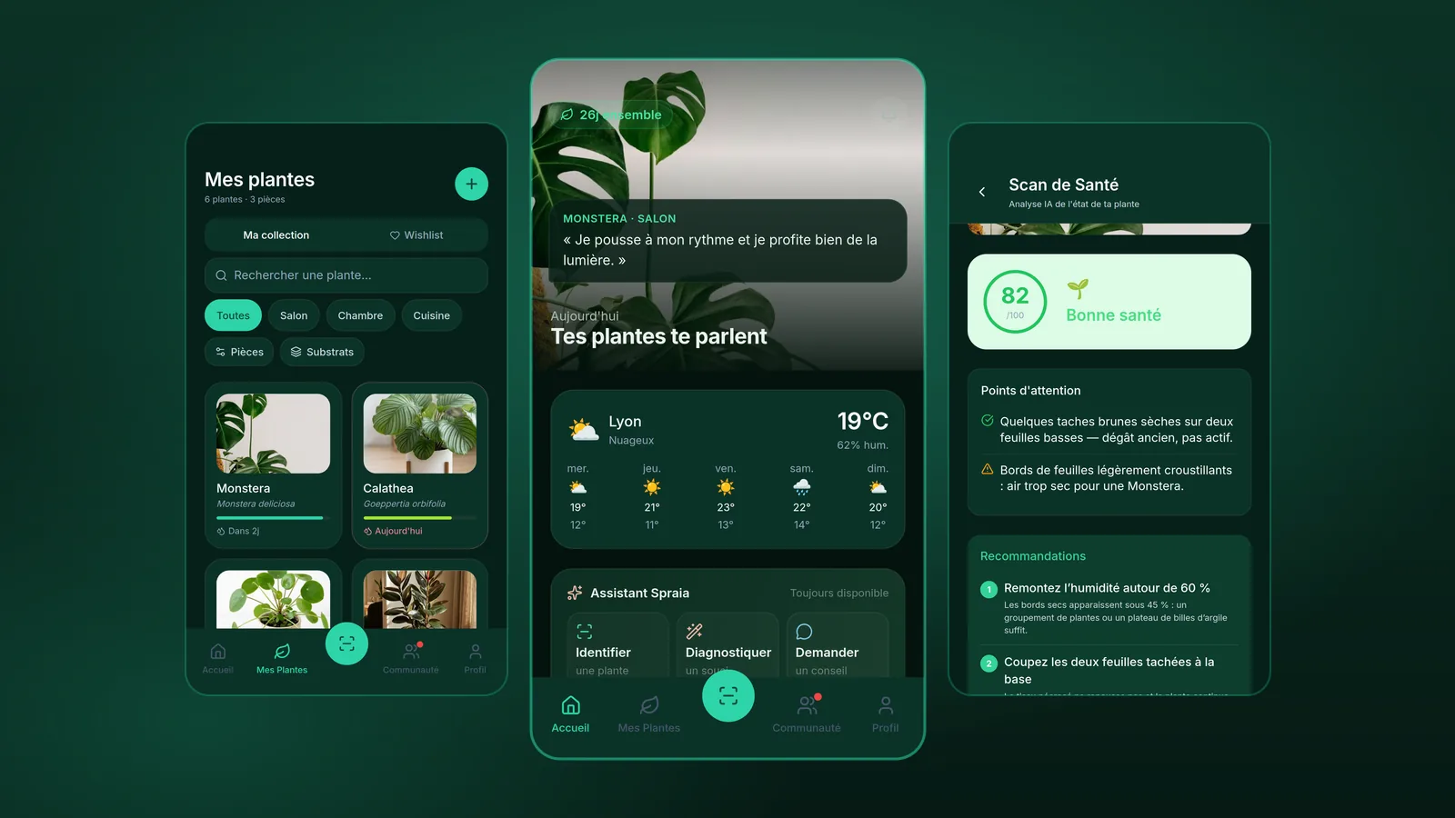 Trois écrans de l'application SPRAIA pour Android : l'accueil avec la météo, la collection de plantes et le scan de santé