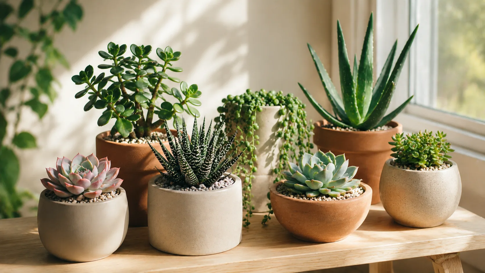 Collection de succulentes d'intérieur dans des pots en terre cuite devant une fenêtre lumineuse
