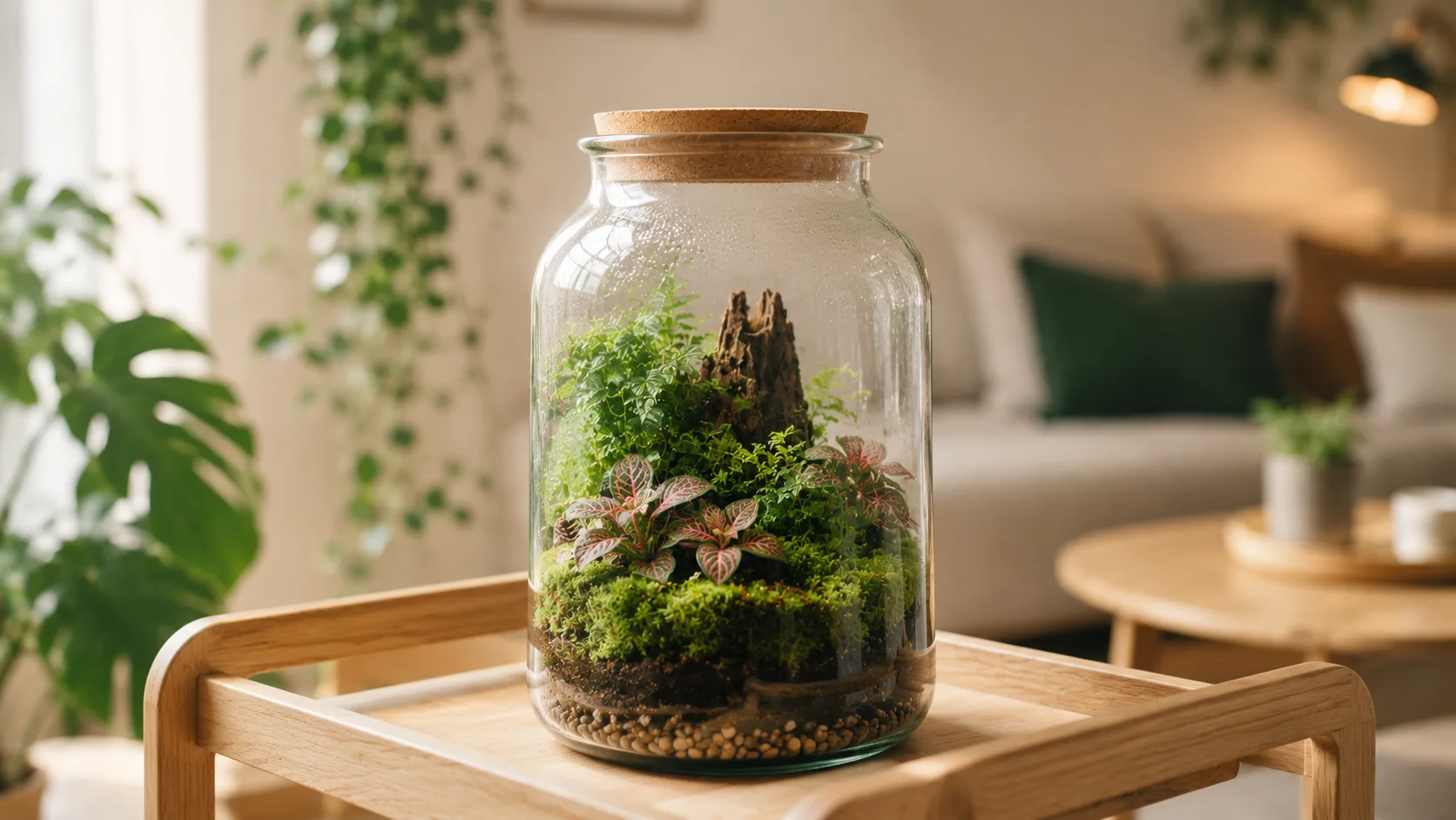 Terrarium fermé en bocal en verre contenant un mini écosystème vert