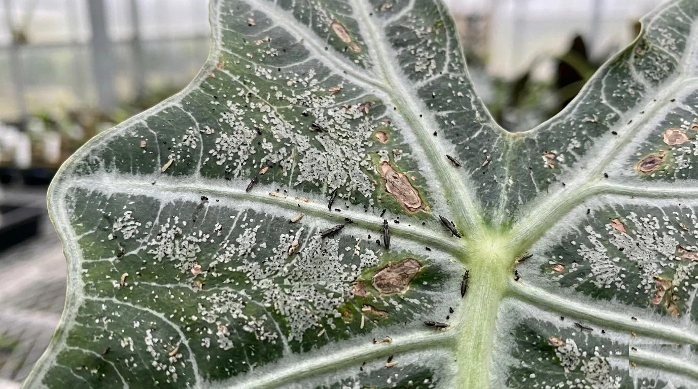 Gros plan sur une feuille de plante endommagée par des thrips