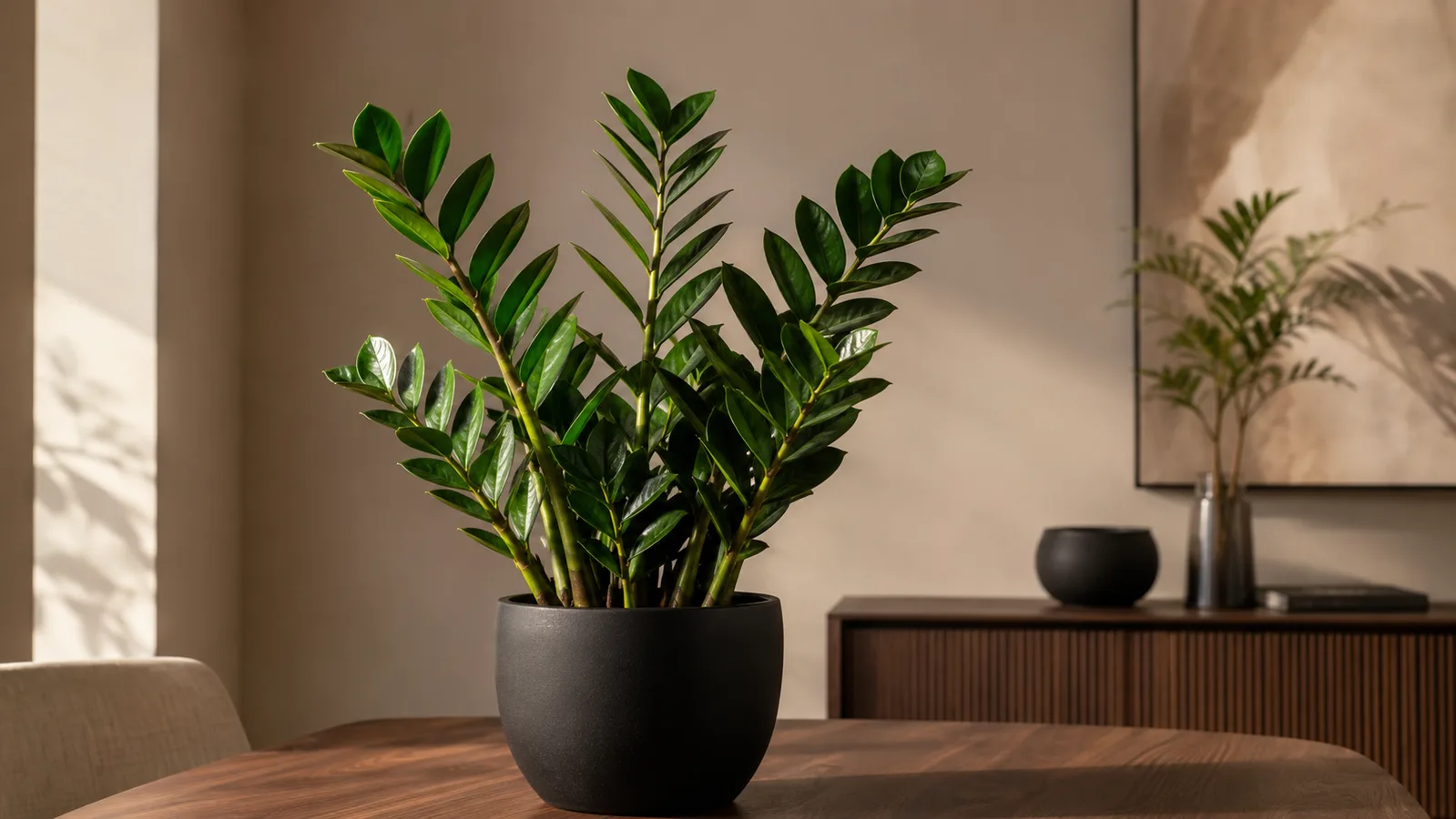 Zamioculcas zamiifolia aux tiges dressées et feuilles vert foncé brillantes dans un pot noir